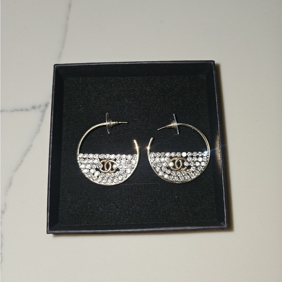 CHANEL Silver and Gold Crystal Hoop Earrings - Picture 1 of 8
